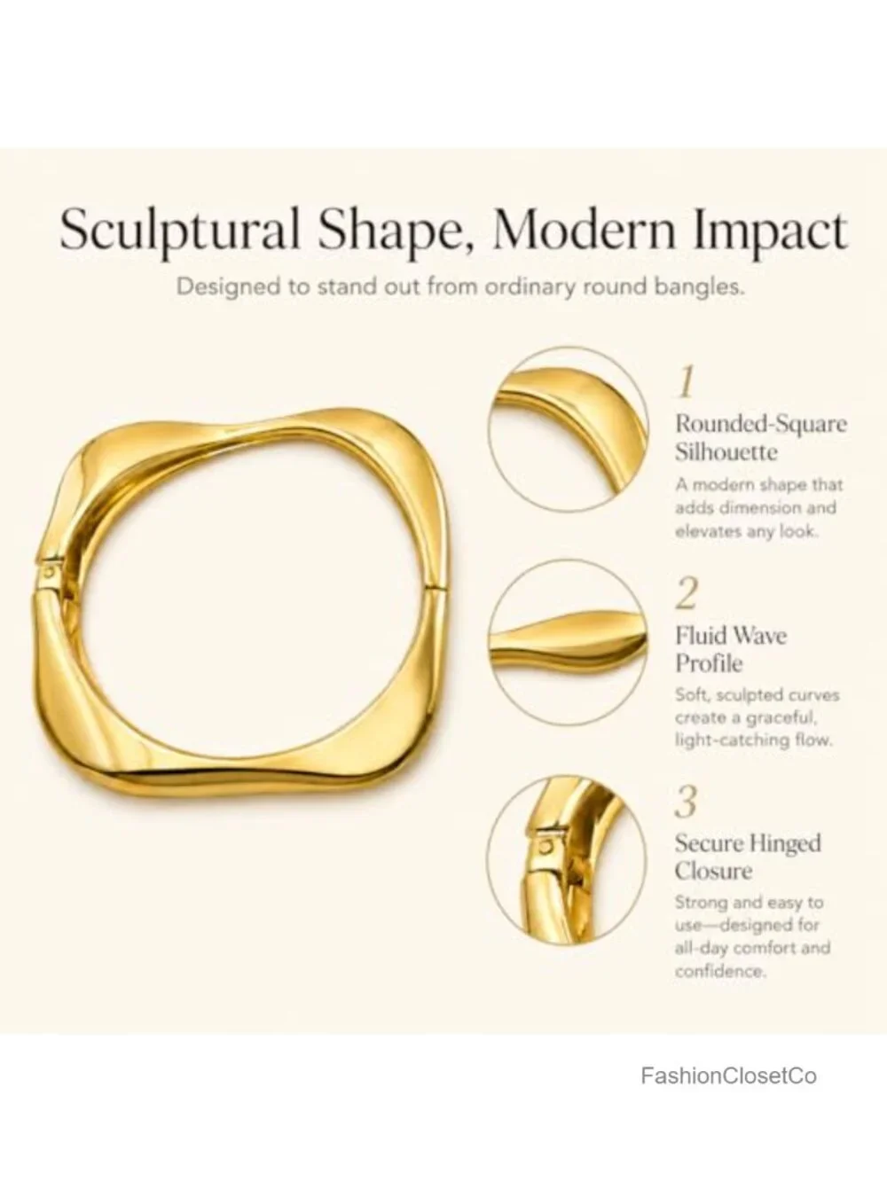 Chunky Gold Cuff Bracelet, Wide Statement Bangle with Hinged Clasp